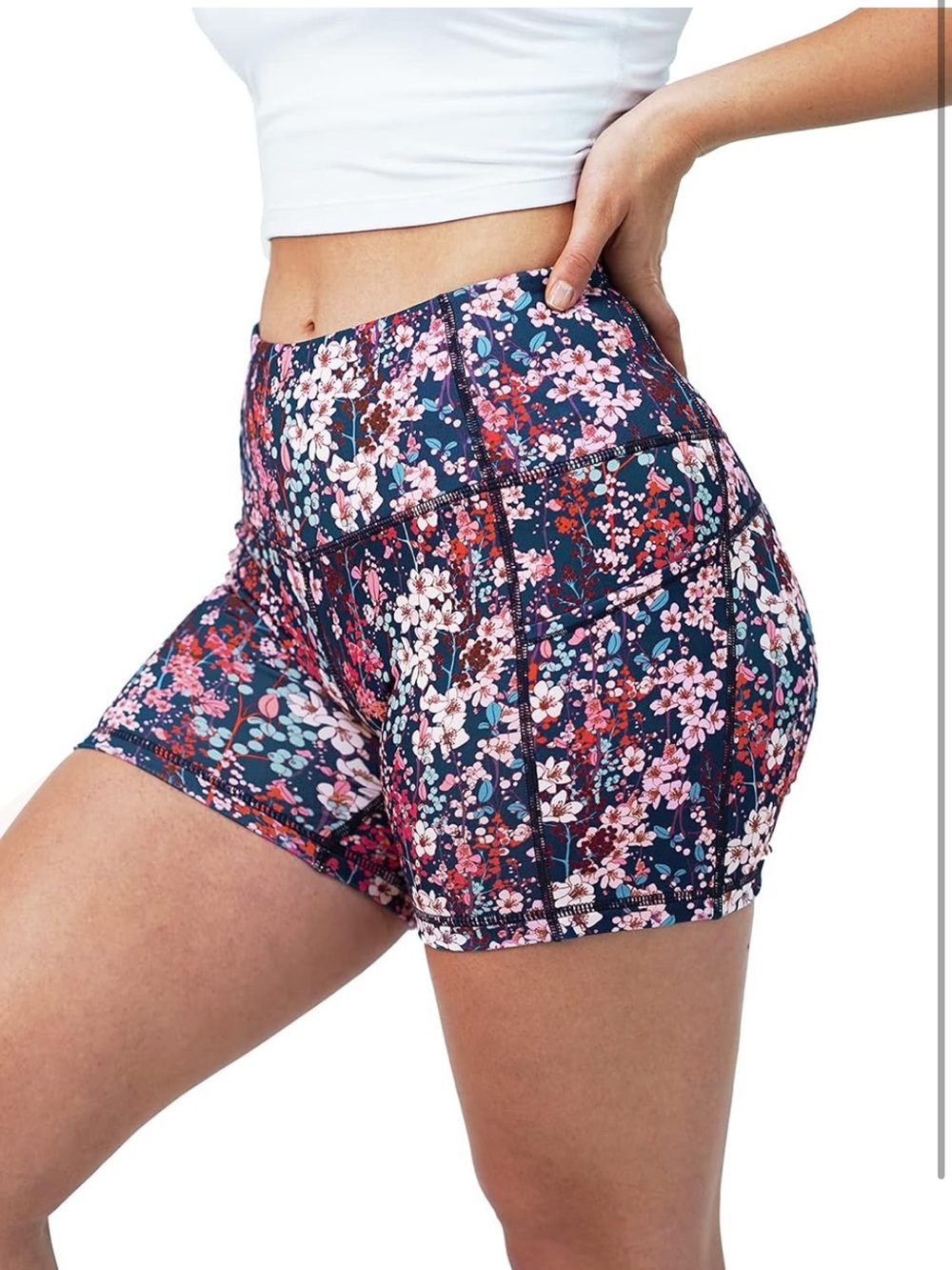 High-Waist Floral Performance Shorts in Navy Pink